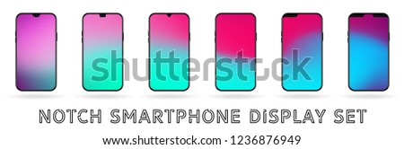 Different vector smartphone display set with notches and colorful abstract vector mesh wallpaper. Mobile realistic mockup with front camera and speaker