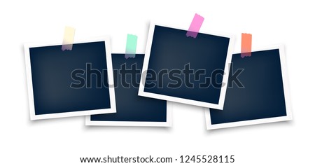  black blank photo set mockup glued with color adhesive tape . Realistic empty template for collage with sticker on white frame and shadow. 