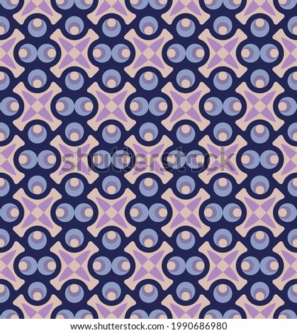 very beautiful lattice seamless pattern. dark blue ornate lattice with overlapping beige, magenta, blue circles, cruciform shapes, segments and polygons lined up in a specific order. vector  商業照片 © 