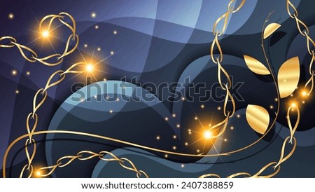Luxurious art wallpaper in dark blue gold tones. Flowing branch with leaves and chains, flashes of energy and lights against a background of overlapping wavy shapes. Vector.