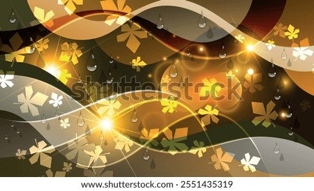 Autumn art wallpaper with rain and foliage. Flashes of energy, transparent drops, falling leaves, wavy stripes against the background of overlapping abstract shapes and mixing colors. Vector.