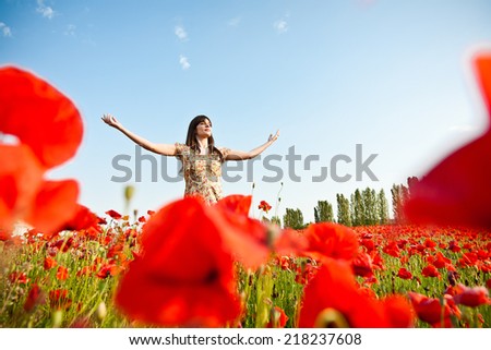 Beauty in poppy field at sunset. Freedom Concept.