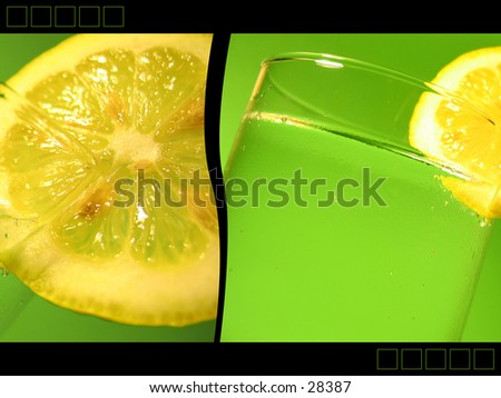 2 images of carbonated water in a glass with a slice of lemon, black border added - creating an Ad-like image.
