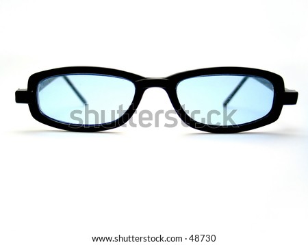 A pair of black horn-rimmed sunglasses. Lens with blue tint.
