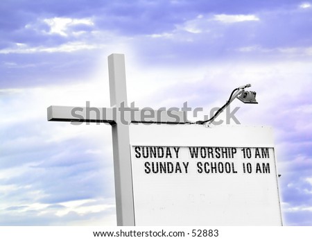 Church service schedule with light and a cross.