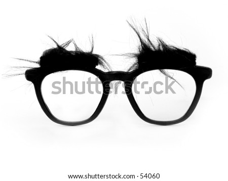 A pair of bushy-eyed, thick-rimmed joke glasses.