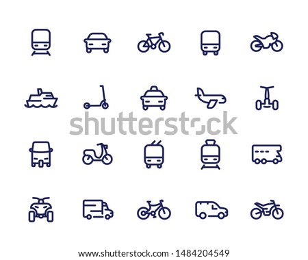 Transport line icons set, cars, train, airplane, bike, motorbike, bus, taxi, tuk tuk, quad bike, subway, public transportation, vector Stock foto © 