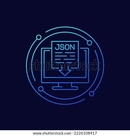 JSON file download icon with computer, linear design