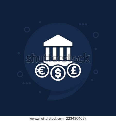 bank building icon with euro, dollar and pound signs