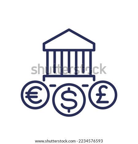 bank building line icon with dollar, euro and pound