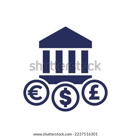 bank building icon with dollar, euro and pound