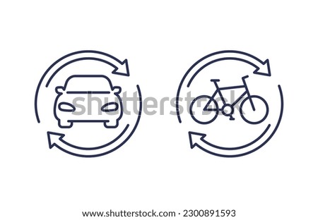 carsharing, rental service line icons with a car and a bike