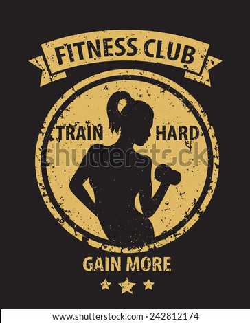 Fitness Club grunge emblem with athletic girl vector illustration, eps10, easy to edit