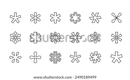 asterisks line icons, geometric abstract shapes on white, vector design