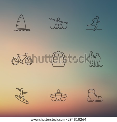 Travel, adventure, surfing, line icons on blur background, vector illustration, eps10, easy to edit