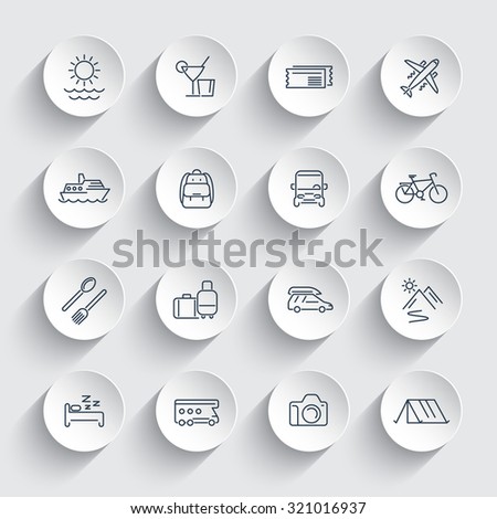 Travel, tourism, trip, vacation, cruise line round icons pack, vector illustration
