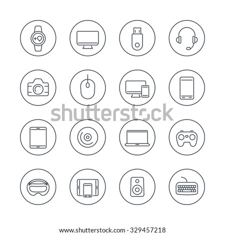 Modern gadgets line icons in circles, vector illustration