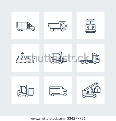 Transportation, thin line icons, Forklift, Cargo ship, Freight train, Cargo truck, vector illustration