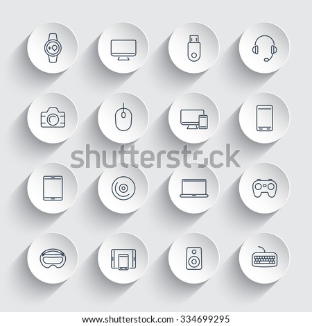 Modern gadgets, line icons on round 3d shapes, vector illustration