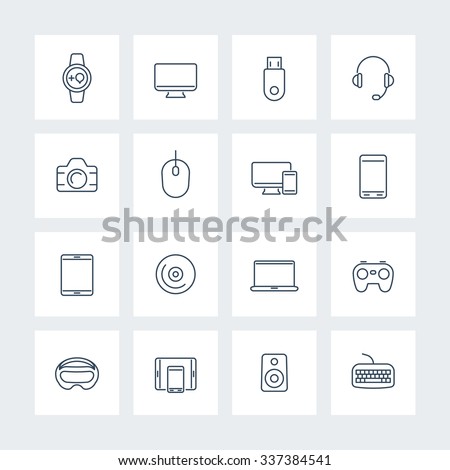 Modern gadgets linear icons pack, vector illustration