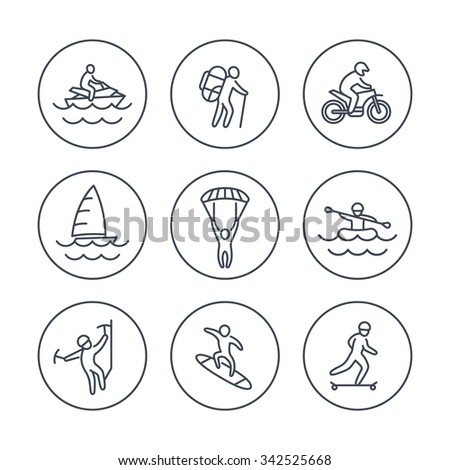 extreme outdoor activities line icons in circles, vector illustration
