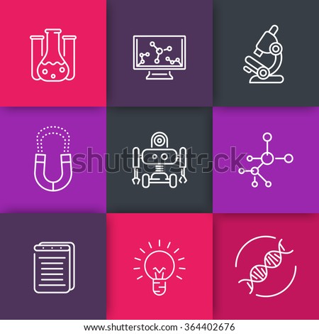 Science line icons on squares, research, laboratory, biology, chemistry, physics icon, vector illustration