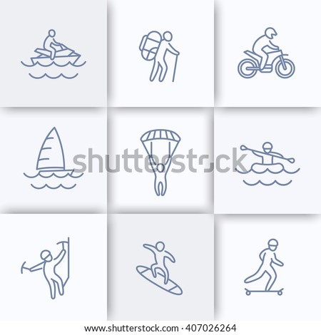 extreme outdoor activities line icons, extreme sports, recreation pictograms, linear icons, vector illustration