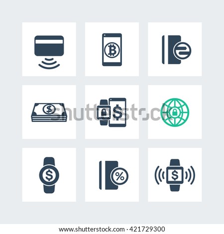 modern payment methods icons set, payment with wearable devices vector sign, contactless card pictogram isolated on white, vector illustration