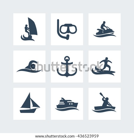 water sports icons set, pictograms isolated on white, vector illustration