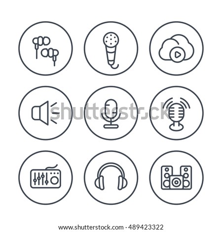 audio line icons in circles, vector illustration