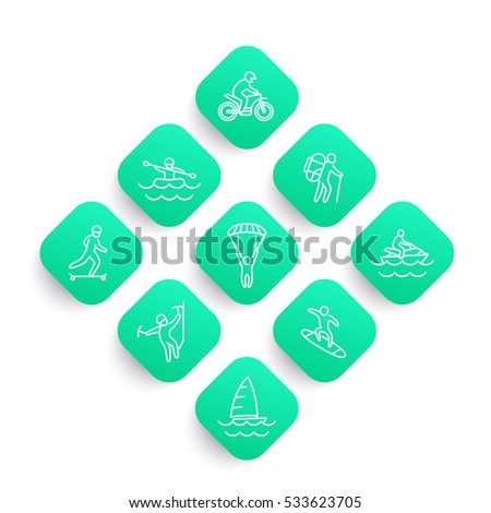 extreme outdoor activities line icons set, rafting, sailing, motocross, skydiving, alpinism, skateboarding