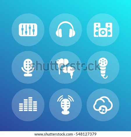audio icons set, equalizer, sound mixing console, earbuds, headphones, microphones, speakers