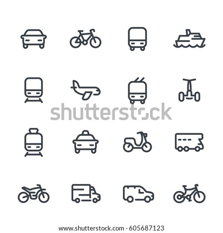 Transport line icons over white, cars, train, airplane, van, bike, motorbike, bus, taxi, trolleybus, subway, public transportation, air and 