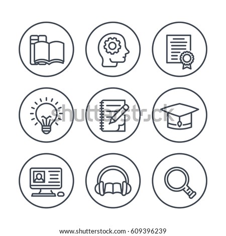education, learning line icons in circles over white