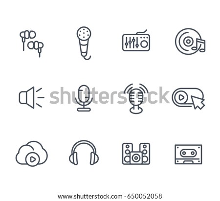 audio line icons, sound mixing, microphones, recording, earbuds, headphones, speakers, cassette tape pictograms on white