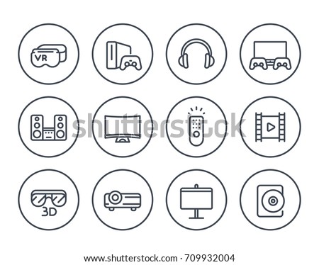home entertainment system line icons on white, virtual reality glasses, multimedia projector, sound system, game console