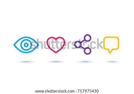 View, like, share, comment linear icons on white