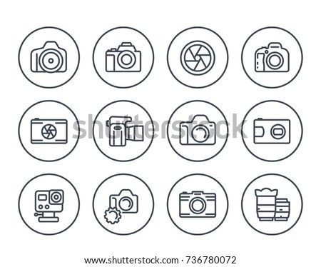 camera, photography line icons set on white, dslr, aperture, compact and action camera, lenses