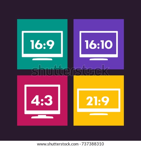 Aspect ratio icons, widescreen and usual monitors, tv, 16:9, 16:10, 4:3, 21:9