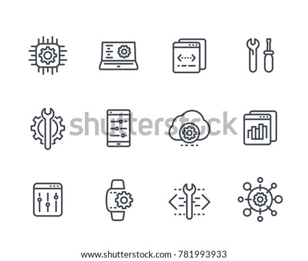 development, configuration service, engineering, settings line icons set on white