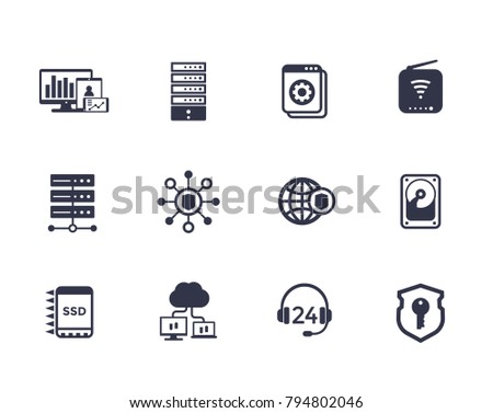 Hosting, servers, network infrastructure, data storage vector icons on white
