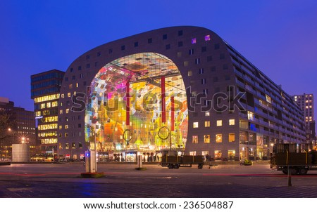 ROTTERDAM, THE NETHERLANDS - DECEMBER 5, 2014: Rotterdam's new Market Hall, located in the Blaak district, decorated for Christmas.