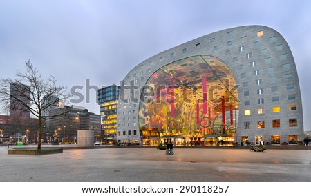 ROTTERDAM, THE NETHERLANDS - DECEMBER 5, 2014: Rotterdam\'s new Market Hall, located in the Blaak district, decorated for Christmas.
