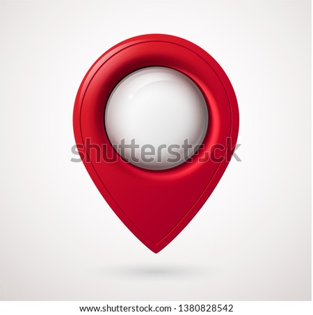 Plastic map location pointer with glowing glass bubble. Navigation icon for web, banner, logo or badge. 3d style. Vector illustration.