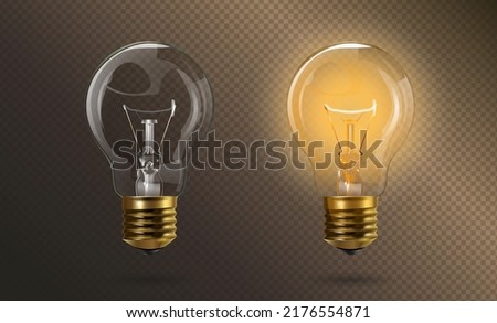 Retro transparent electric edison light bulb with a gold base in switched on and off position. Realistic 3d style. Isolated background. Object for infographics, presentations, web design, poster