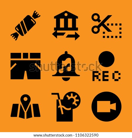 pictogram, juice, ticket, cinema, new and piggy icon vector set. Flat vector design with filled icons. Designed for web and software interfaces