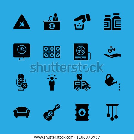 manager, medicine, newspaper, explosive, watering can, chandelier, alms, television and microphone vector icon. Simple icons set