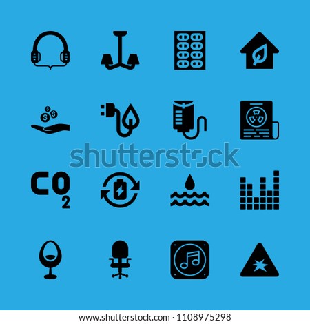 headphones, water, chair, sound bars, music file, alms, newspaper, electricity and drop counter vector icon. Simple icons set