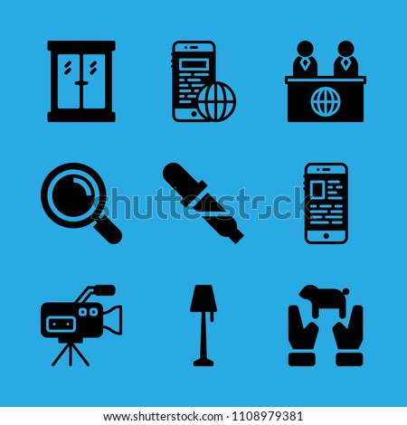 lamp, news reporter, window, animal, smartphone, video camera, pipette, smartphone and loupe vector icon. Simple icons set