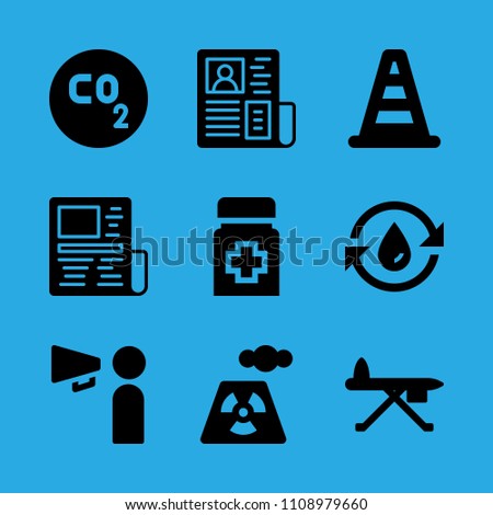 cone, power plant, co, ironing board, water, promoting, medicine, newspaper and news paper vector icon. Simple icons set